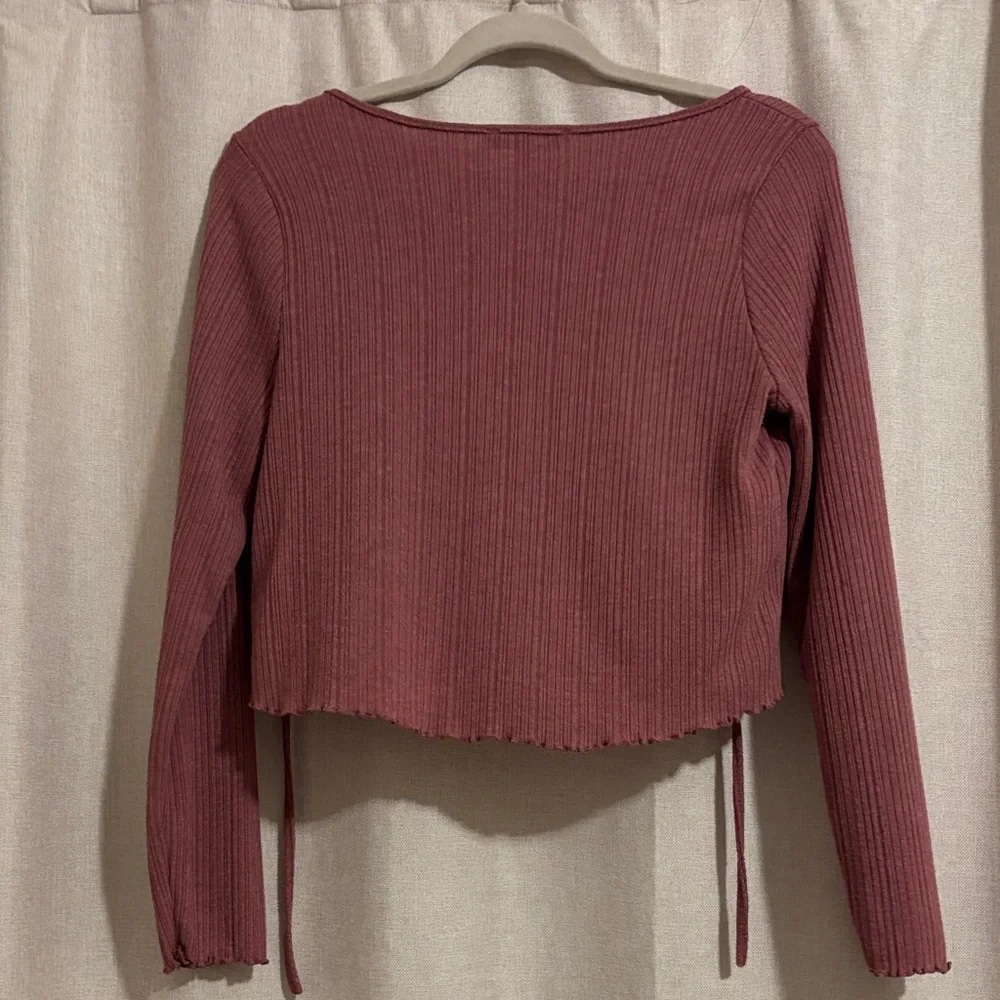 Ribbed Long Sleeve Scalloped Tie Top - Dusty Rose
